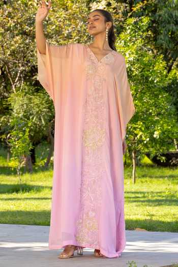 Buy_DAREISS_Peach Silk, Chiffon V-neck Marigold Hand Embroidered Kaftan _at_Aza_Fashions