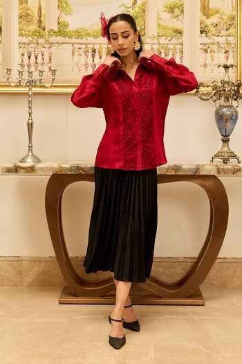 DAREISS_Red Silk, Twill Collared Neck Amule Hand Embellished Shirt _Online_at_Aza_Fashions