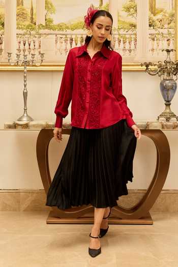 Buy_DAREISS_Red Silk, Twill Collared Neck Amule Hand Embellished Shirt _Online_at_Aza_Fashions