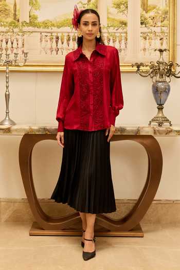 Shop_DAREISS_Red Silk, Twill Collared Neck Amule Hand Embellished Shirt _at_Aza_Fashions