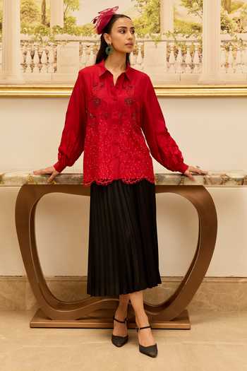 Shop_DAREISS_Red Silk Collared Neck Crimson Hand Embroidered Shirt _at_Aza_Fashions