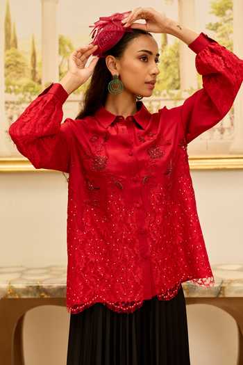 Buy_DAREISS_Red Silk Collared Neck Crimson Hand Embroidered Shirt _at_Aza_Fashions