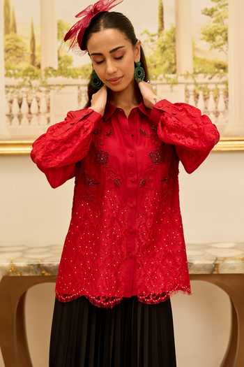 Shop_DAREISS_Red Silk Collared Neck Crimson Hand Embroidered Shirt _Online_at_Aza_Fashions