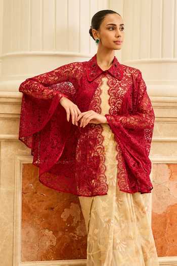 Shop_DAREISS_Red Silk, Satin, Lace Collared Neck Floral Chantilly Work Cape _Online_at_Aza_Fashions