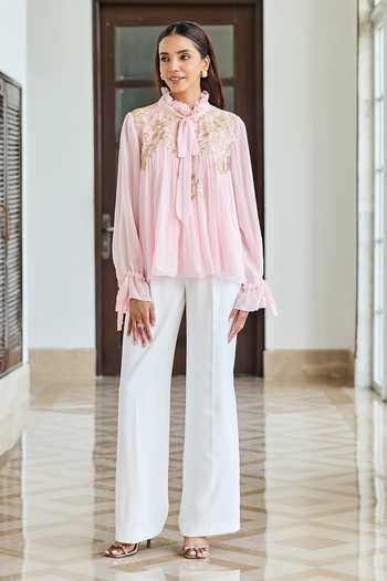 DAREISS_Pink Silk, Chiffon High Neck Petal Flat Bow Top _Online_at_Aza_Fashions