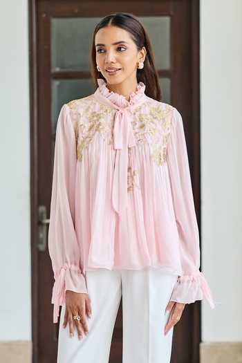 Buy_DAREISS_Pink Silk, Chiffon High Neck Petal Flat Bow Top _at_Aza_Fashions