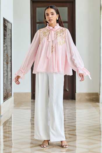 Buy_DAREISS_Pink Silk, Chiffon High Neck Petal Flat Bow Top _Online_at_Aza_Fashions