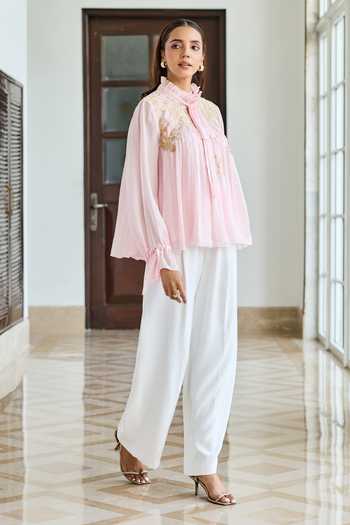 Shop_DAREISS_Pink Silk, Chiffon High Neck Petal Flat Bow Top _Online_at_Aza_Fashions