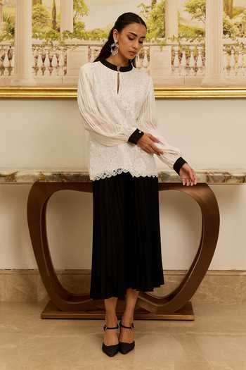 Buy_DAREISS_Pink Silk, Chiffon High Neck Petal Flat Bow Top _Online