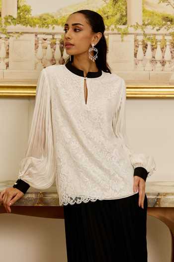 Shop_DAREISS_Pink Silk, Chiffon High Neck Petal Flat Bow Top _Online