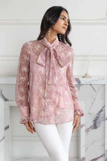 Buy_DAREISS_Pink Lace High Neck Rose Embellished Shirt _at_Aza_Fashions