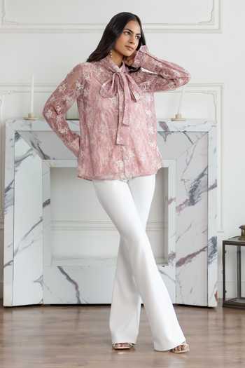 DAREISS_Pink Lace High Neck Rose Embellished Shirt _Online_at_Aza_Fashions
