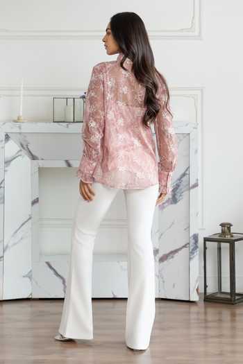 Shop_DAREISS_Pink Lace High Neck Rose Embellished Shirt _at_Aza_Fashions