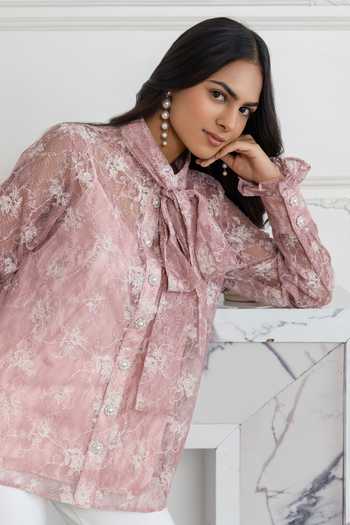 Buy_DAREISS_Pink Lace High Neck Rose Embellished Shirt _Online_at_Aza_Fashions