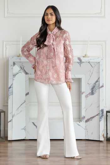 Shop_DAREISS_Pink Lace High Neck Rose Embellished Shirt _Online_at_Aza_Fashions