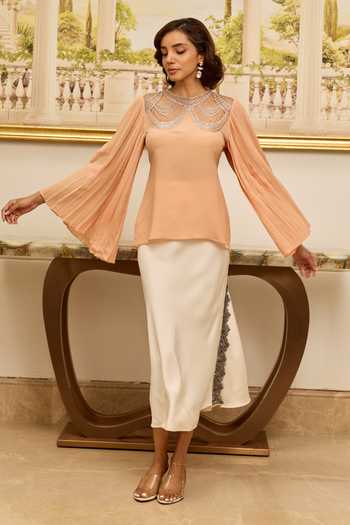 DAREISS_Peach Silk, Crepe High Neck Grace Pleated Sleeve Top _Online_at_Aza_Fashions