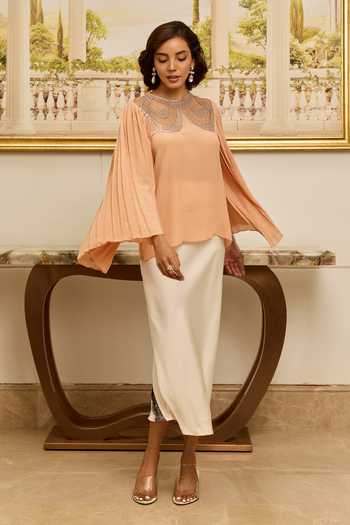 Shop_DAREISS_Peach Silk, Crepe High Neck Grace Pleated Sleeve Top _at_Aza_Fashions