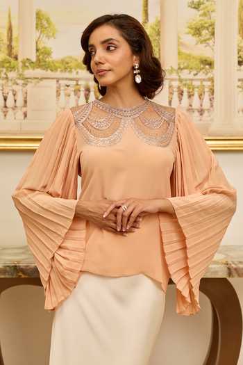 Buy_DAREISS_Peach Silk, Crepe High Neck Grace Pleated Sleeve Top _Online_at_Aza_Fashions