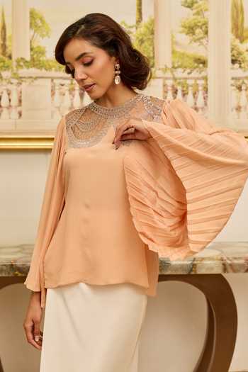 Shop_DAREISS_Peach Silk, Crepe High Neck Grace Pleated Sleeve Top _Online_at_Aza_Fashions