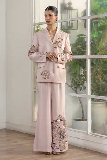 Buy_DAREISS_Pink Dupion, Silk Dynastia Hand Embroidered Blazer And Pant Set _Online_at_Aza_Fashions