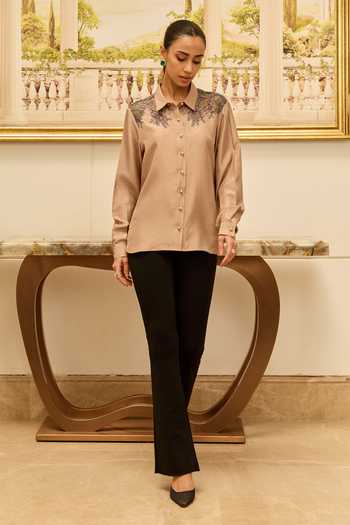 Buy_DAREISS_Gold Silk Collared Neck Love Habotai Shirt _Online_at_Aza_Fashions