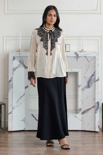 Shop_DAREISS_Beige Chiffon Mandarin Collar Lace Embellished Shirt _Online_at_Aza_Fashions