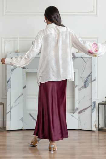 Shop_DAREISS_Ivory Silk, Crepe, Jacquard Collared Neck Elysia Floral Hand Embroidered Shirt _at_Aza_Fashions