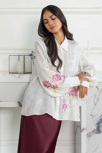 Buy_DAREISS_Ivory Silk, Crepe, Jacquard Collared Neck Elysia Floral Hand Embroidered Shirt 