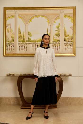 Shop_DAREISS_White Silk, Chiffon, Lace Mandarin Collar, Keyhole Celestia French Flat Top _at_Aza_Fashions