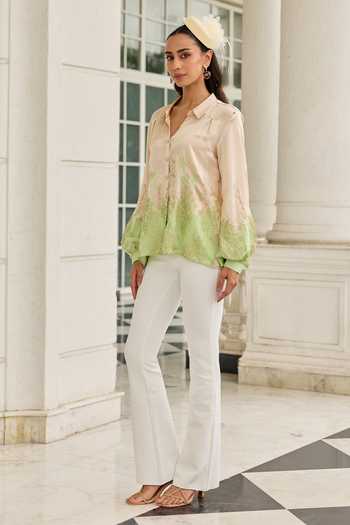 DAREISS_Green Silk, Satin Collared Neck Ember Hand Embroidered French Lace Shirt _Online_at_Aza_Fashions