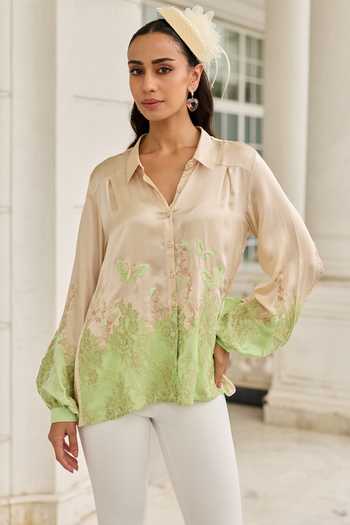 Buy_DAREISS_Green Silk, Satin Collared Neck Ember Hand Embroidered French Lace Shirt _at_Aza_Fashions