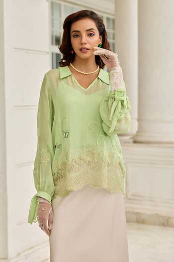 Buy_DAREISS_Green Silk, Chiffon V-neck Dragonfly Hand Embroidered Top _at_Aza_Fashions