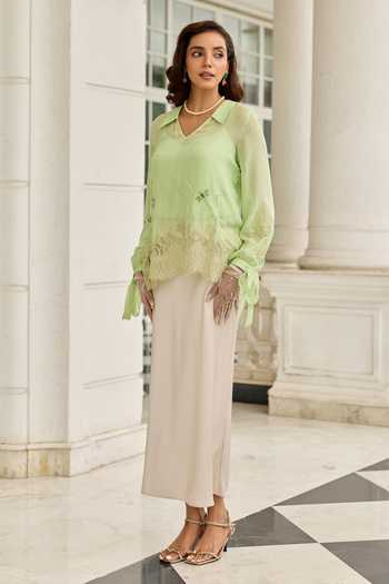 Shop_DAREISS_Green Silk, Chiffon V-neck Dragonfly Hand Embroidered Top _Online_at_Aza_Fashions