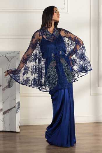 DAREISS_Blue Silk, Satin, Lace, Chantilly Collared Coronelle Hand Embroidered Cape Set _Online_at_Aza_Fashions