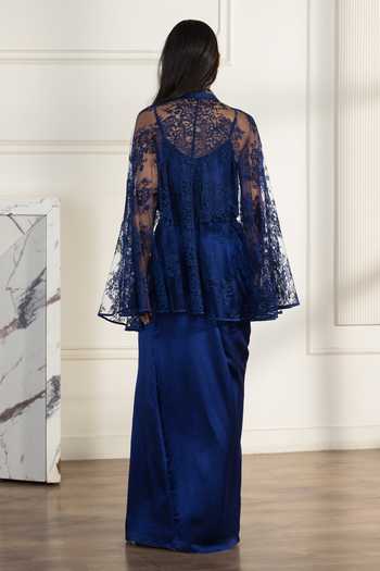Shop_DAREISS_Blue Silk, Satin, Lace, Chantilly Collared Coronelle Hand Embroidered Cape Set _at_Aza_Fashions