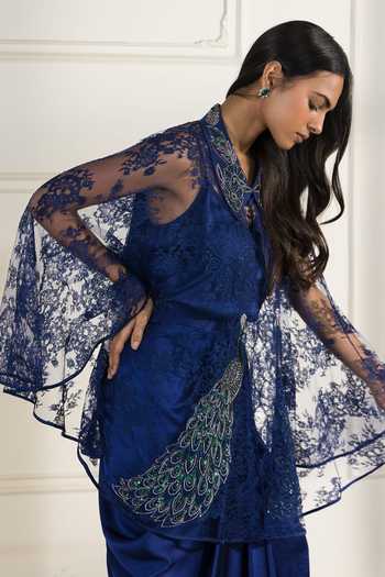 Shop_DAREISS_Blue Silk, Satin, Lace, Chantilly Collared Coronelle Hand Embroidered Cape Set _Online_at_Aza_Fashions