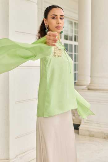 Buy_DAREISS_Green Silk, Twill Keyhole Neck Reverie Top _Online_at_Aza_Fashions
