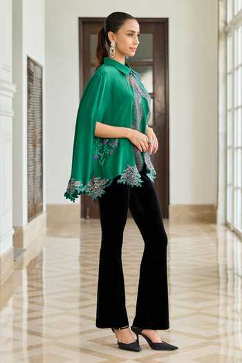 DAREISS_Emerald Green Silk, Crepe Collared Neck Veloura Hand-embroidered Cape _at_Aza_Fashions