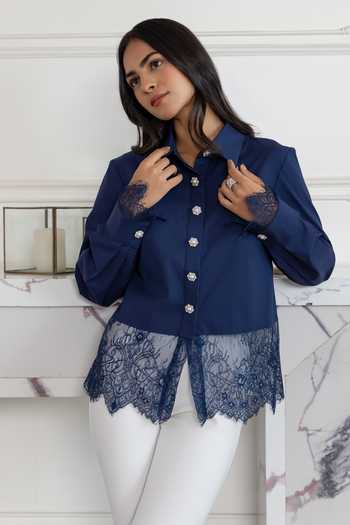 Buy_DAREISS_Blue Cotton, Poplin Collared Neck Lace Hem Shirt _at_Aza_Fashions