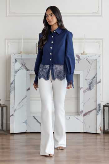 Shop_DAREISS_Blue Cotton, Poplin Collared Neck Lace Hem Shirt _Online_at_Aza_Fashions