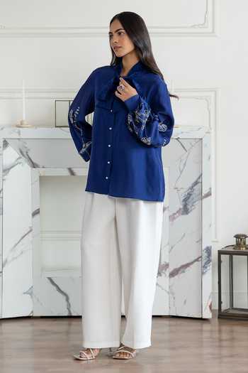 DAREISS_Navy Silk High Neck Amariel Hand Embroidered French Lace Bow Habotai Shirt _Online_at_Aza_Fashions