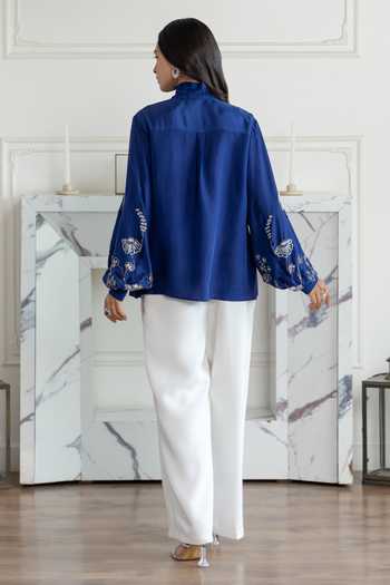 Shop_DAREISS_Navy Silk High Neck Amariel Hand Embroidered French Lace Bow Habotai Shirt _at_Aza_Fashions