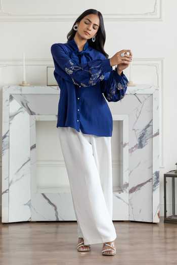 Shop_DAREISS_Navy Silk High Neck Amariel Hand Embroidered French Lace Bow Habotai Shirt _Online_at_Aza_Fashions