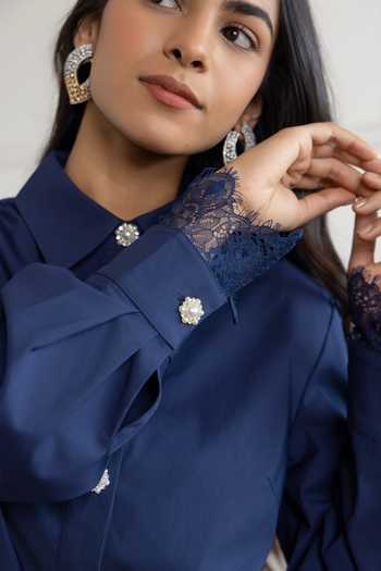 Buy_DAREISS_Navy Silk High Neck Amariel Hand Embroidered French Lace Bow Habotai Shirt 