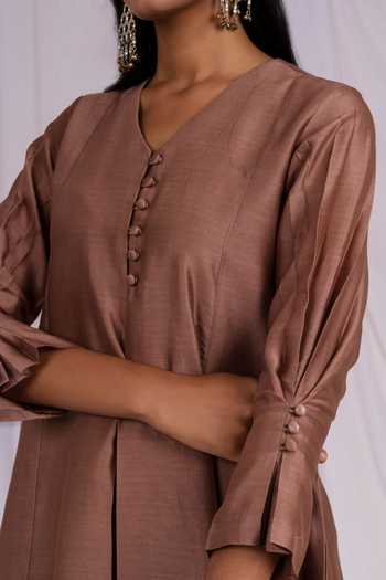 Mushio_Brown Chanderi V-neck A-line Short Kurta _Online_at_Aza_Fashions