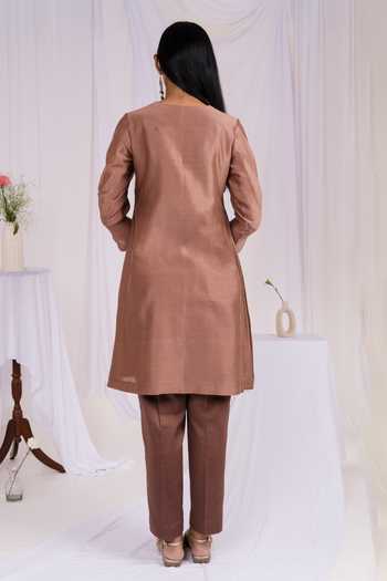 Shop_Mushio_Brown Chanderi V-neck A-line Short Kurta _at_Aza_Fashions