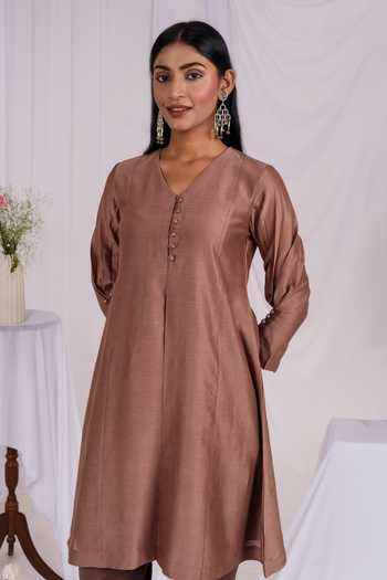 Buy_Mushio_Brown Chanderi V-neck A-line Short Kurta _Online_at_Aza_Fashions