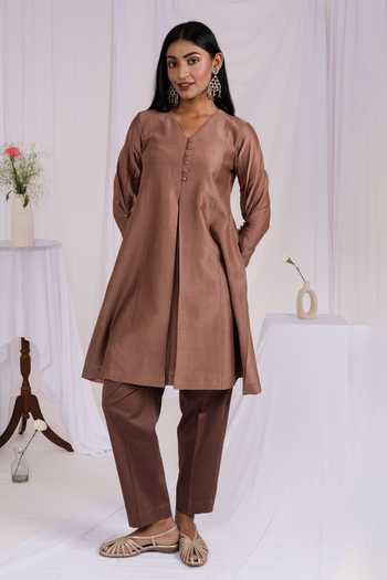 Shop_Mushio_Brown Chanderi V-neck A-line Short Kurta _Online_at_Aza_Fashions