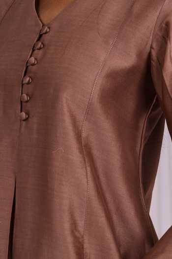 Mushio_Brown Chanderi V-neck A-line Short Kurta _at_Aza_Fashions