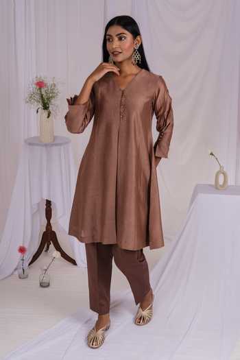 Buy_Mushio_Brown Chanderi V-neck A-line Short Kurta 